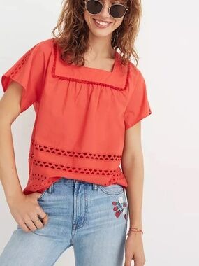 Madewell Eyelet Angelica Top Coral Red Flowy Blouse Shirt Square Neck Small